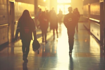 Blurred high school hallway background walking students light.