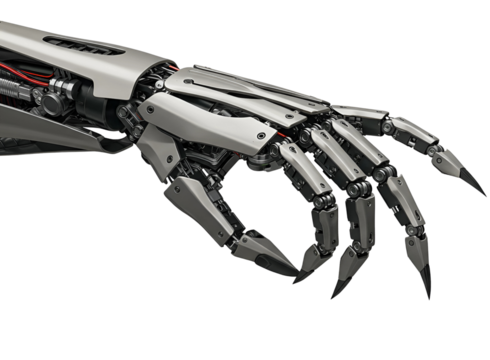 Robotic hand pointing forward with articulated fingers isolated on transparent background