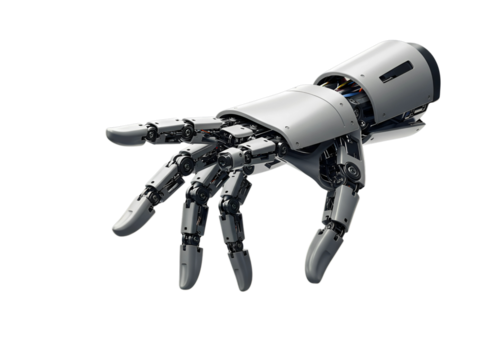 Robotic hand pointing forward with articulated fingers isolated on transparent background