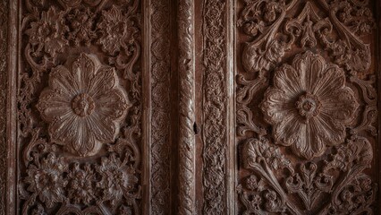 Two-century-old rustic church door adorned with intricate flower carvings inspired by Chinese designs.