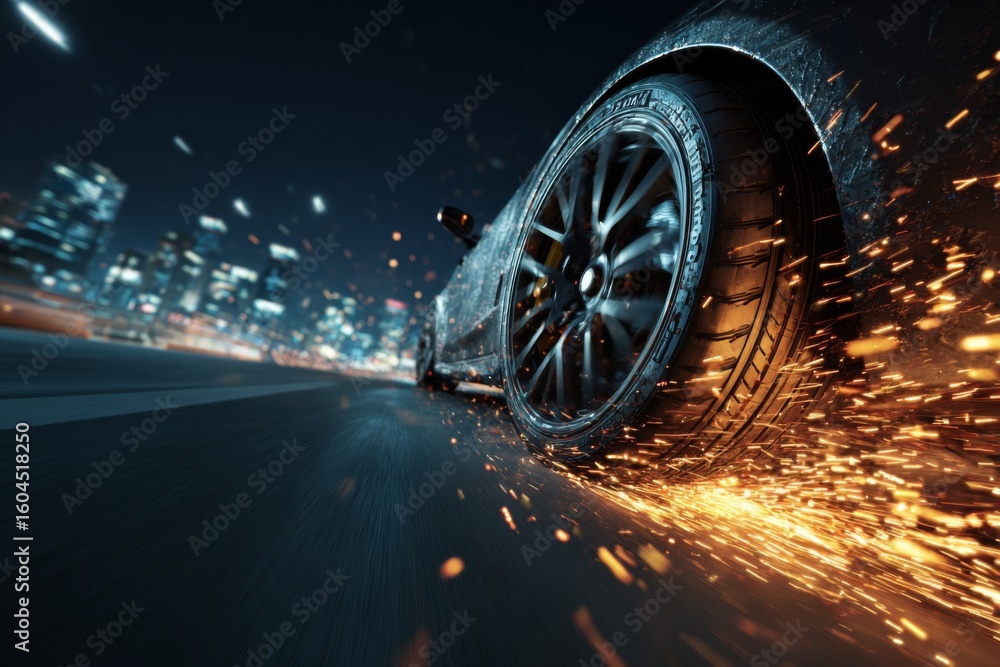 Poster dynamic close-up of a car tire in motion with sparks and blurred cityscape in the background, repres