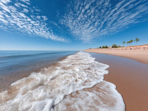 Lake Superior Day Summer Shoreline with Calm Surf and Palm Trees Premium Travel and Romantic Getaway Visual for Millennial Marketing Campaigns