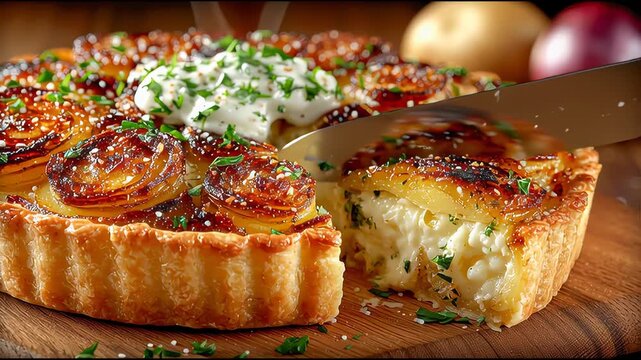 Golden-baked potato tart with crispy rosettes and creamy filling, garnished with sour cream and fresh herbs on a wooden board