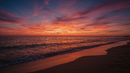 Obraz premium Spectacular evening skies paint calm coastal vistas with striking colors.