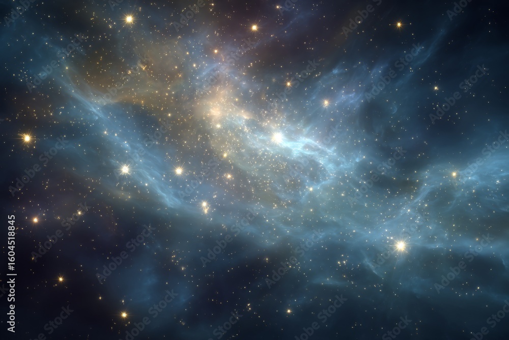 Poster ethereal cosmic background of spinning stars and nebulae with sparkling lights in deep blue universe