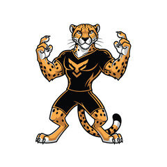 Strong cheetah mascot in athletic uniform, flexing muscles with confident expression.