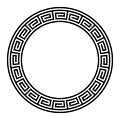 Meander pattern, circle frame. Decorative border with Greek key pattern, a repeated motif, consisting of rectangular spirals. Geometric and symmetric band within a circle. Black and white. Vector