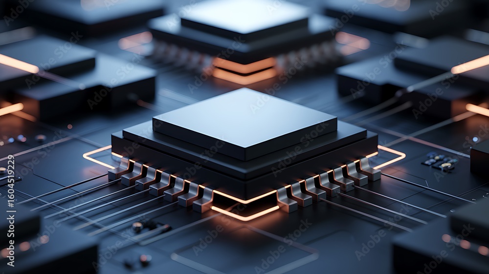 Poster futuristic microchip circuitry with glowing orange energy pathways technology computer