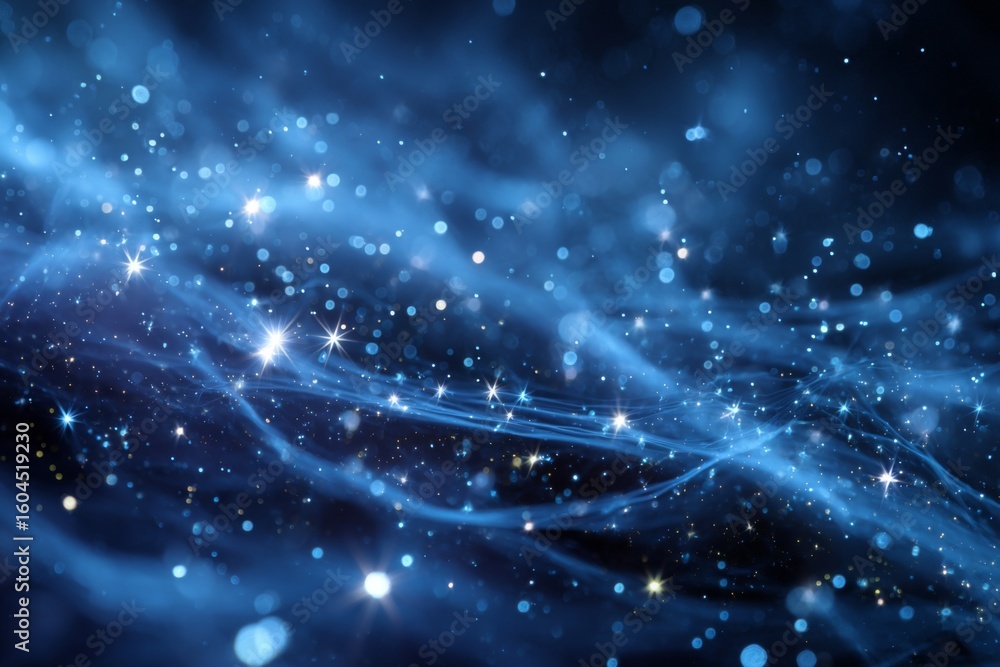 Poster ethereal cosmic background of twinkling stars and blue patterns creating a dreamlike space scene for