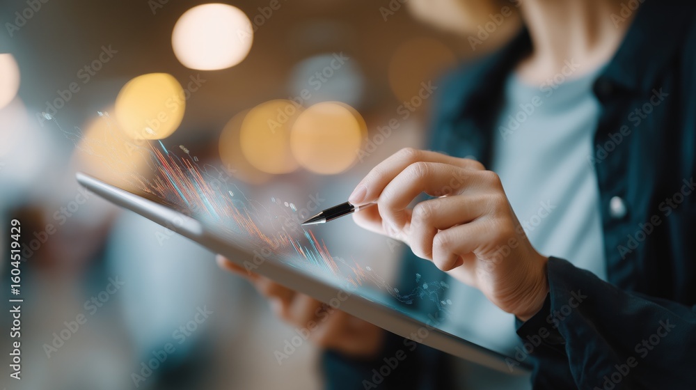 Aufkleber a woman is using a tablet to draw on a screen. the tablet is displaying a colorful image with a pen 