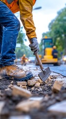 Construction Worker Using Hammer to Break Asphalt on Road in Urban Environment with Heavy Machinery in Background