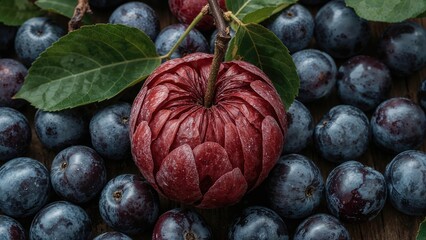 Fototapeta premium Exposed plum. Many ripe plums gathered. Seasonal fruit collection.