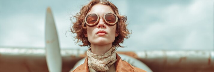 Confident Female Pilot Aviation Vintage Leather Jacket for Colombia Independence Day Summer Celebrations and Modern Professional Marketing Campaigns