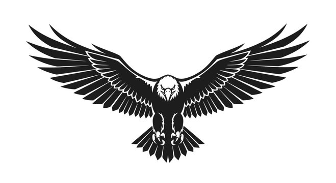 A black and white vector illustration of an eagle with its wings fully spread, talons extended, and head facing forward.