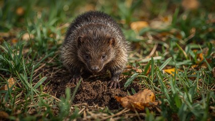 Obraz premium The creature pushed against the ground, scattering clumps of autumn grass and soil in a garden area