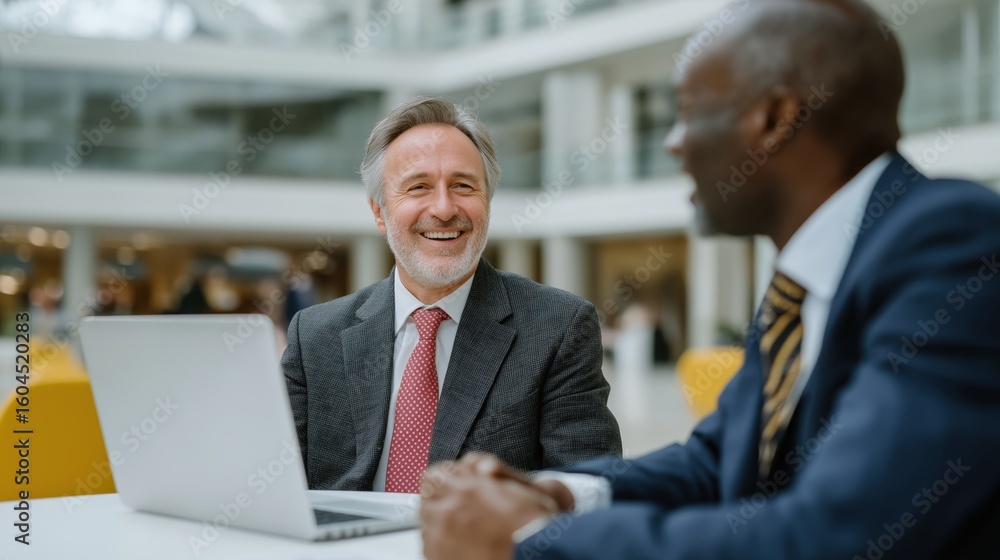 Poster two men in suits are sitting at a table with a laptop in front of them. one of the men is smiling an