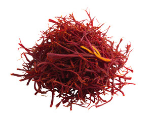 Naklejka premium Close-up of saffron threads, a vibrant reddish-orange cluster, textured with fine filaments, centered on a black background