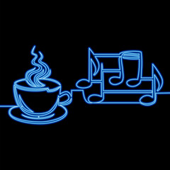Cup of Hot Drink with Musical Notes Cozy Atmosphere and Creative Inspiration icon neon glow vector illustration concept