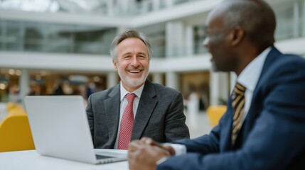 Two men in suits are sitting at a table with a laptop in front of them. One of the men is smiling and the other is looking at the laptop. Scene is professional and friendly