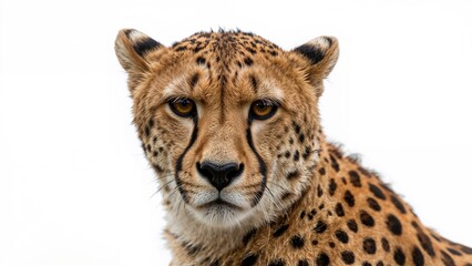 Obraz premium Focused portrait of an elegant fast feline with detailed fur and a strong gaze on a white background.