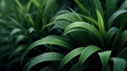 Close-up of green leaves with water droplets in a lush natural environment.