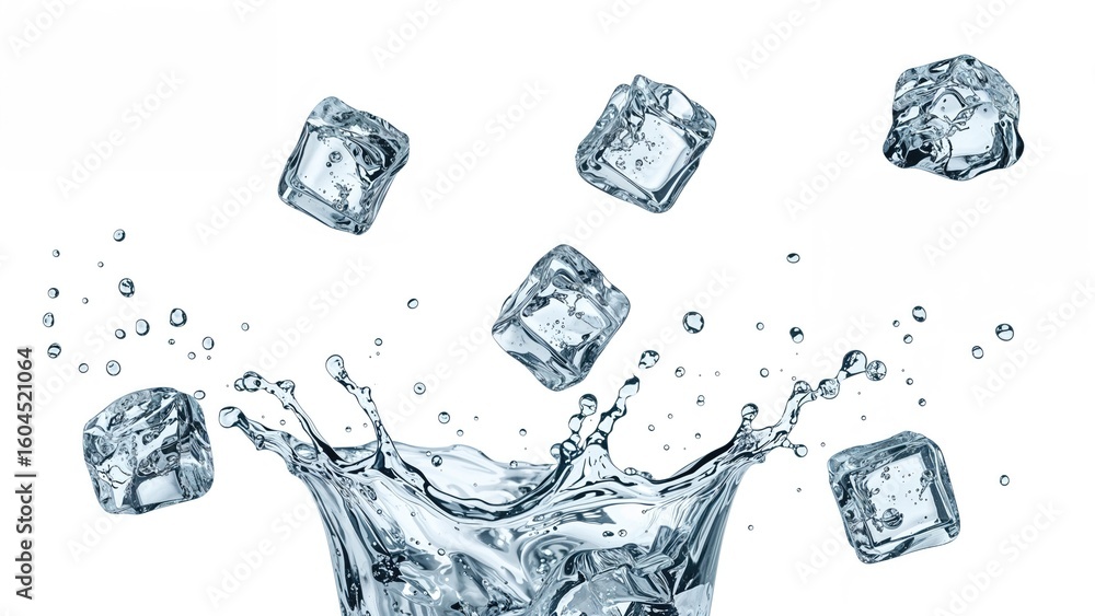 Poster floating clear ice cubes surrounded by splashing water droplets, photographed using high-speed techn