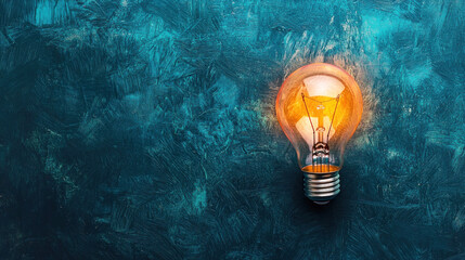 A glowing light bulb against a textured blue background. The concept of innovation and enlightenment. The image represents a creative idea or solution.