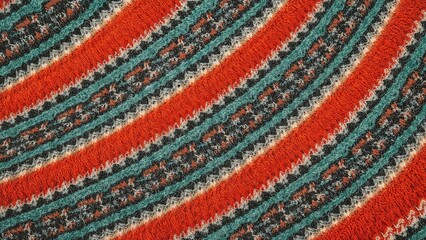 Fabric texture showing knitting with red, orange, and black yarn threads