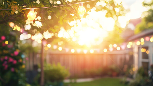 String lights hanging in a backyard with a sunset in the background.