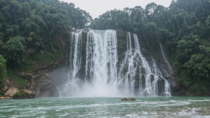 Fototapeta premium Mighty waterfall flowing between two nations amidst verdant nature in rainy weather