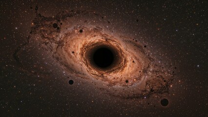 Cosmic scene featuring glowing orange and blue stars with swirling clouds and a black hole at the center, alongside an interdimensional gateway.