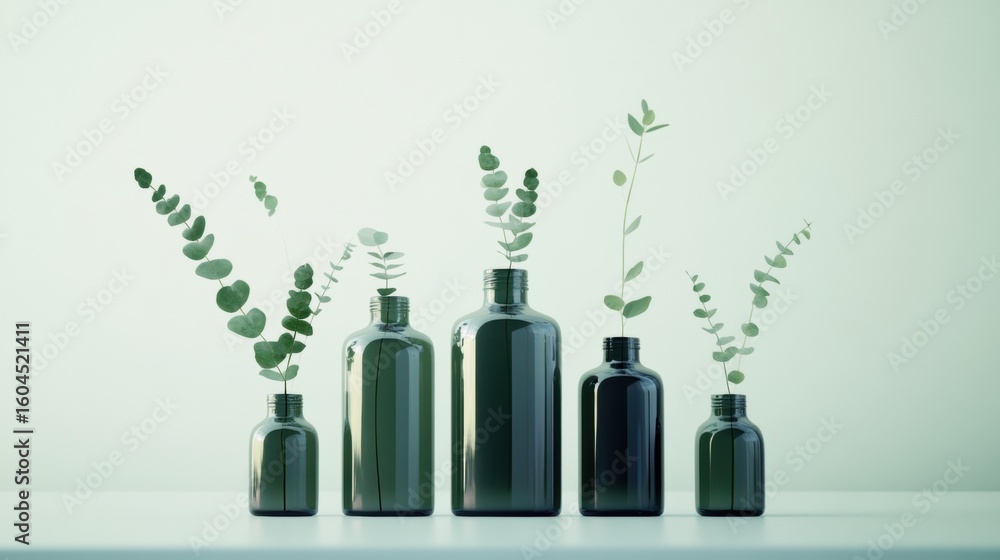 Poster elegant display of glass bottles with greenery in a modern setting
