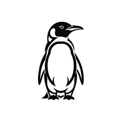 Naklejka premium A stylized, black and white illustration of a penguin standing upright, facing slightly to the right.