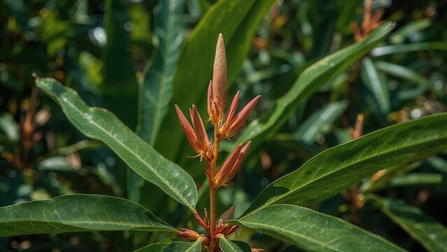 Close-up view of Peltophorum pterocarpum flower buds surrounded by green leaves in natural setting