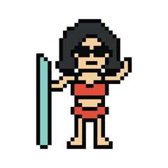 Fototapeta premium Pixel art cute cartoon one piece character woman bikini swimming suit game surf beach vacation decoration lifestyle female bikini surfing 8 bit holiday relax pixel art png 8bit vector.