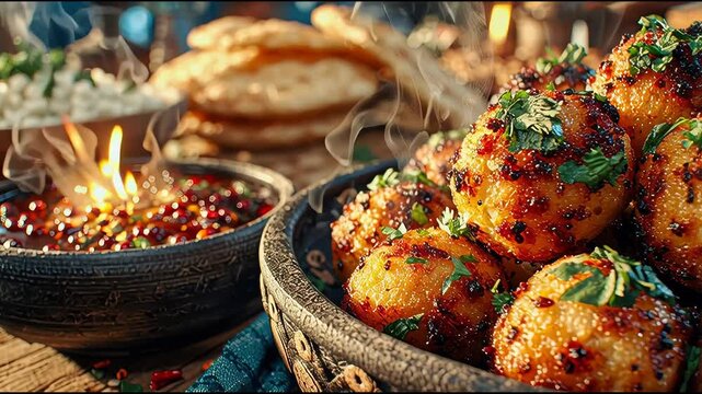 A bowl of golden, crispy fish balls coated in spicy chili seasoning, garnished with herbs, served with fiery dipping sauce