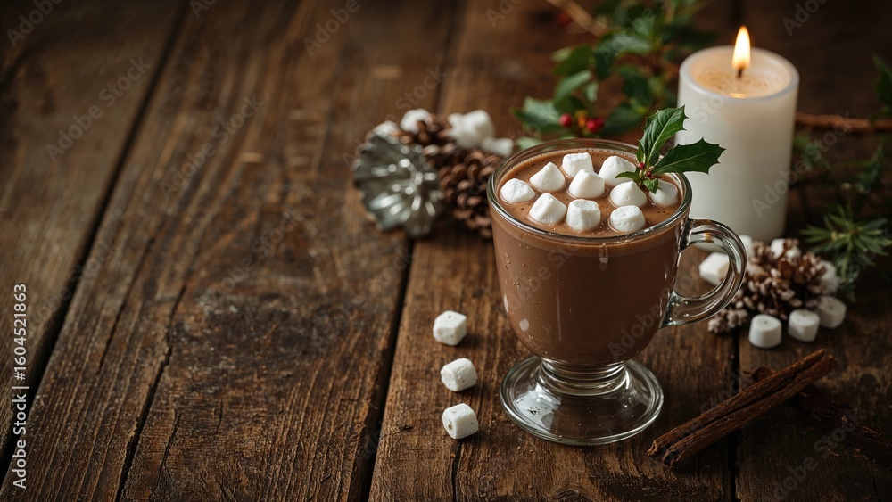 Poster festive beverage setup featuring handcrafted cocoa and fluffy marshmallows on rustic wood surface wi