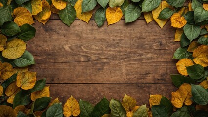 Flat lay of wooden texture showcasing green and yellow fall leaves, creating a natural and vintage frame background