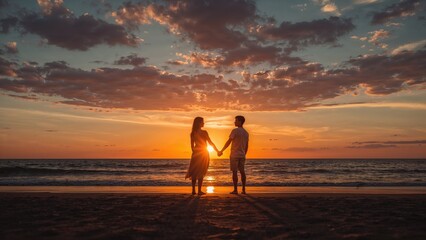A romantic snapshot of a duo enjoying the tranquil beach, united as the sun sets in a vivid sky.