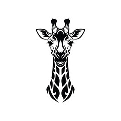 A stylized black and white illustration of a giraffe's head and neck, facing forward.