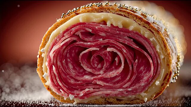 Rolled mortadella and cheese sandwich designed to resemble a rose, wrapped in a festive pastry with decorative sugar and gold pearls