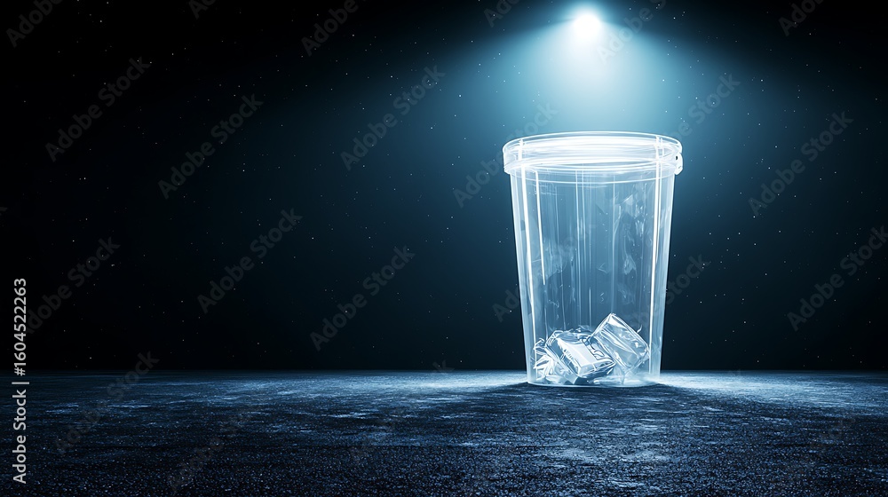 Poster transparent container with ice cubes illuminated by spotlight in a dark room, creating a dramatic vi