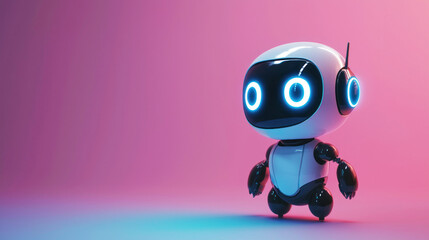 Fototapeta premium A cute, white, round robot with glowing eyes and antennas, standing on a pink and blue gradient background.