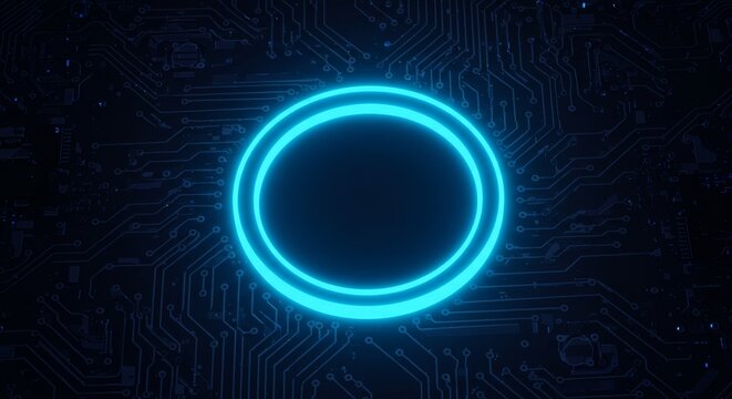 Glowing Neon Circle on Electronic Circuit Board Tech Backdrop