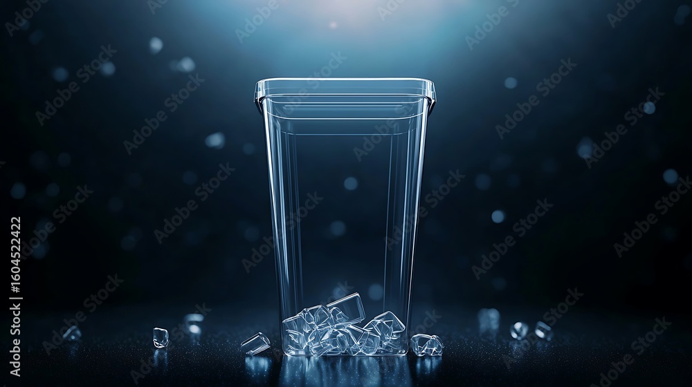 Poster transparent plastic container with ice cubes scattered on dark surface illuminated by bright light i