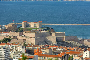 Aerial View of Palais du Pharo at Mediterranean Sea in Marseille France Sunny Winter Day