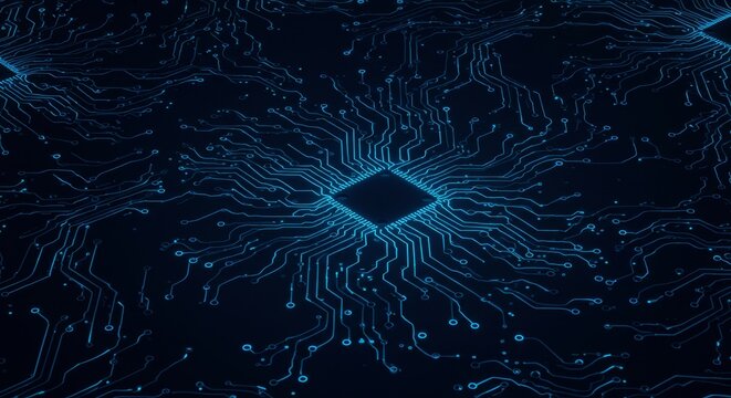 Computer Chip Circuit Board Glowing Blue Tech Design