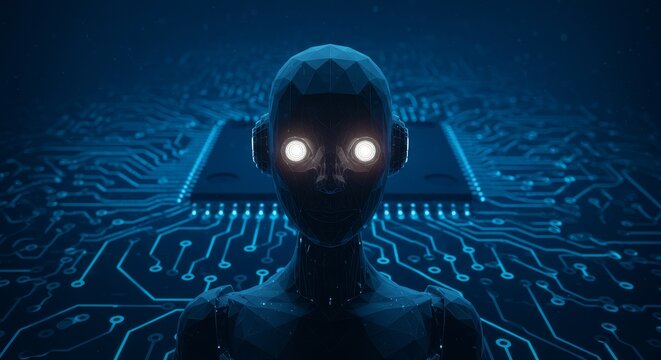 Futuristic Robot with Glowing Eyes Against Circuit Board Backdrop