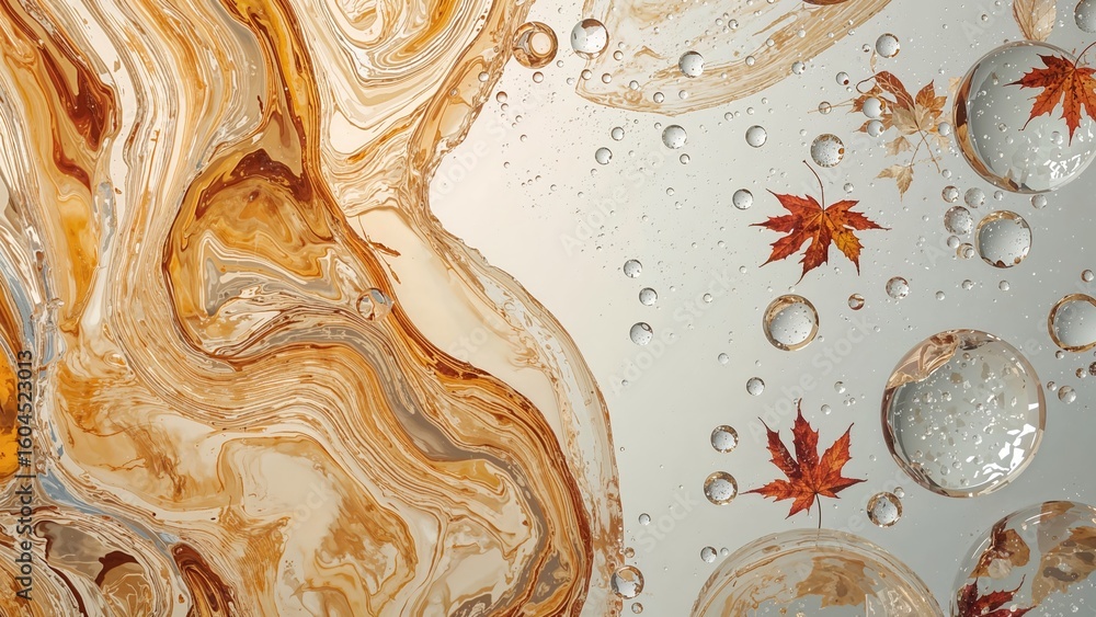 Poster wet autumn setting with yellow leaves and droplets on an abstract background