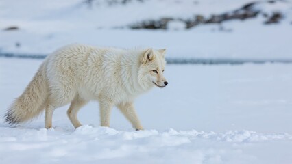 A white fox wandering through a snowy landscape